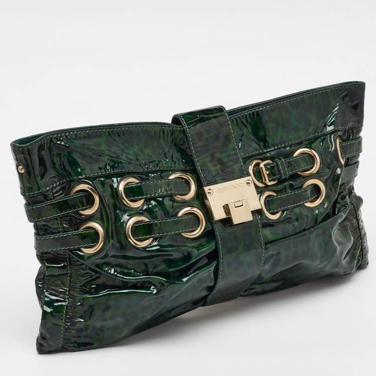 Pre Owned Jimmy Choo Green Leopard Print Patent Leather Clutch