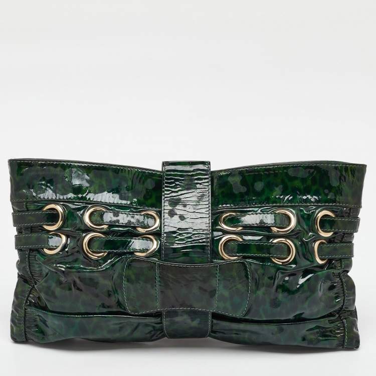 Pre Owned Jimmy Choo Green Leopard Print Patent Leather Clutch