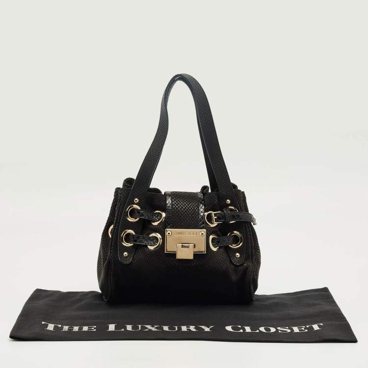 Pre Owned Jimmy Choo Black Snakeskin Embossed Leather Mini Riki Tote