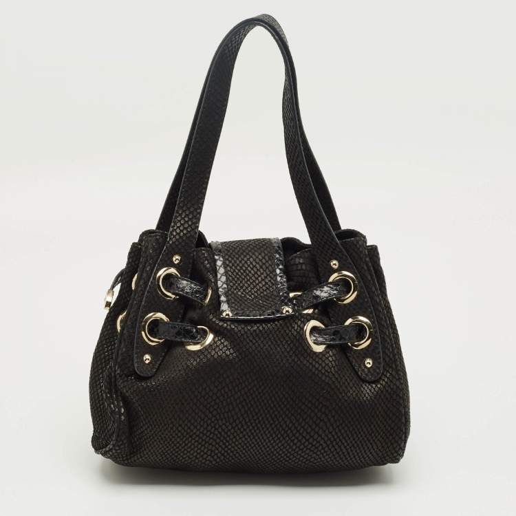 Pre Owned Jimmy Choo Black Snakeskin Embossed Leather Mini Riki Tote