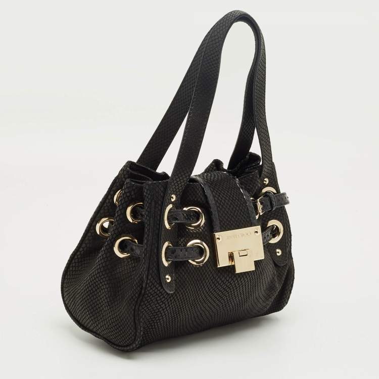Pre Owned Jimmy Choo Black Snakeskin Embossed Leather Mini Riki Tote