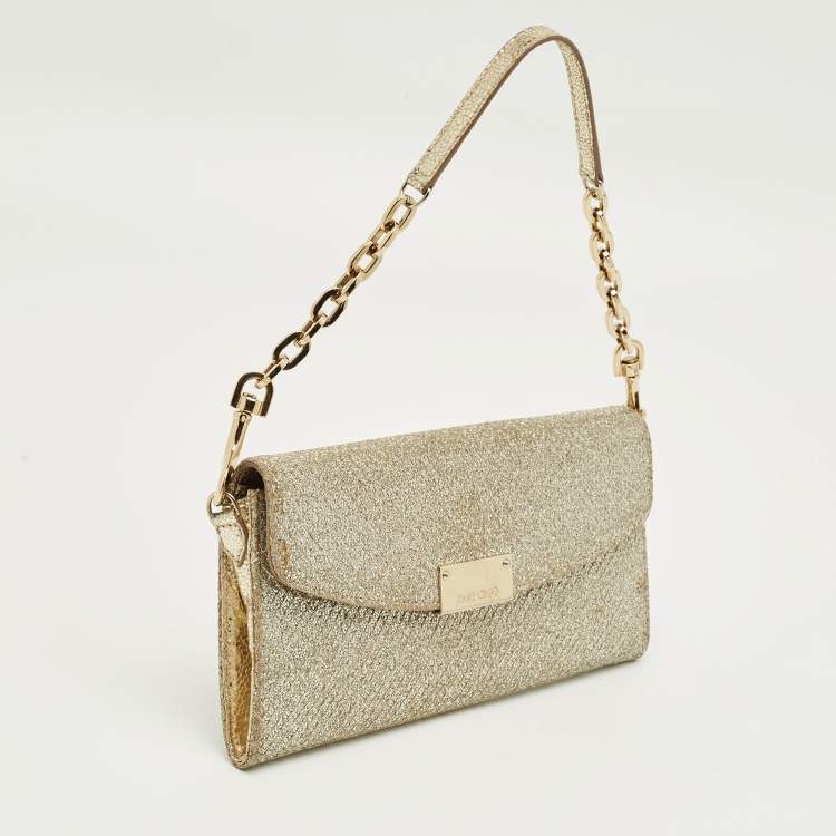 Pre Owned Jimmy Choo Gold Glitter Riane Chain Clutch 