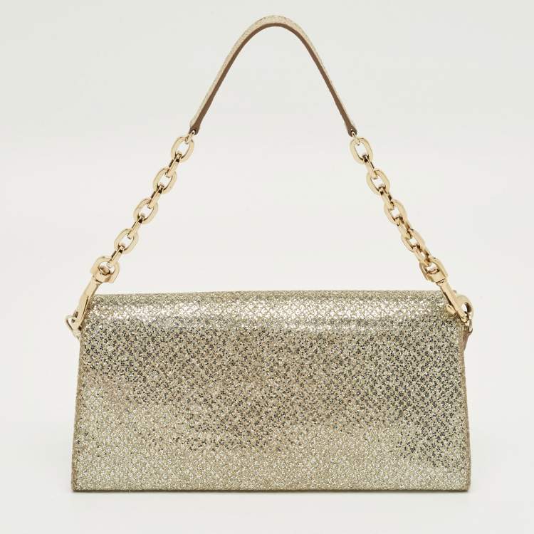 Pre Owned Jimmy Choo Gold Glitter Riane Chain Clutch 