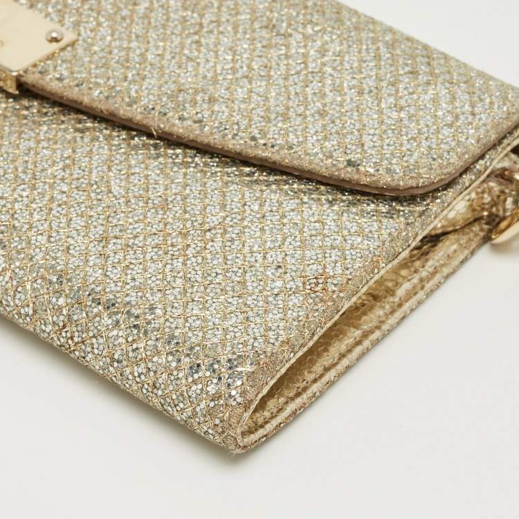 Pre Owned Jimmy Choo Gold Glitter Riane Chain Clutch 