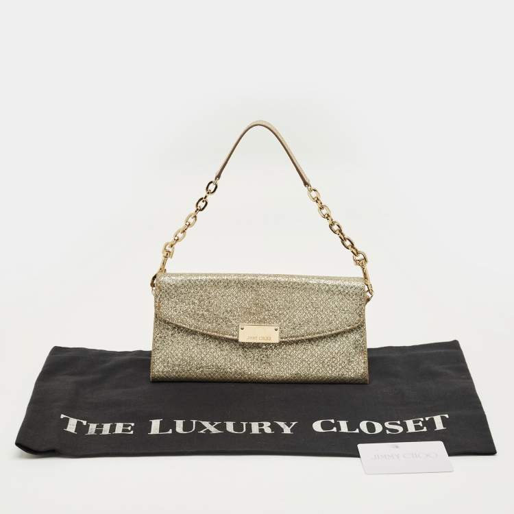 Pre Owned Jimmy Choo Gold Glitter Riane Chain Clutch 