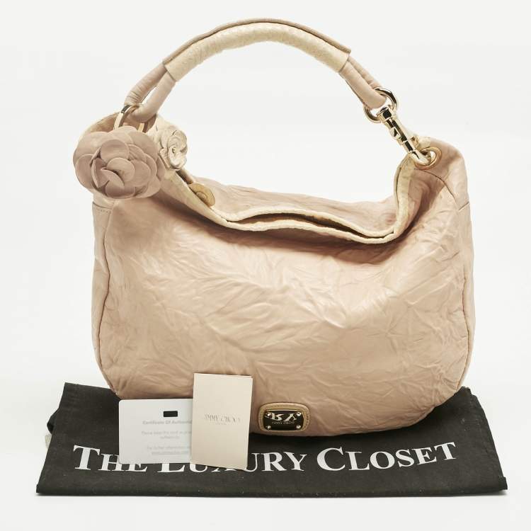 Pre Owned Jimmy Choo Peach Textured Leather and Snakeskin Small Sky Bangle Hobo