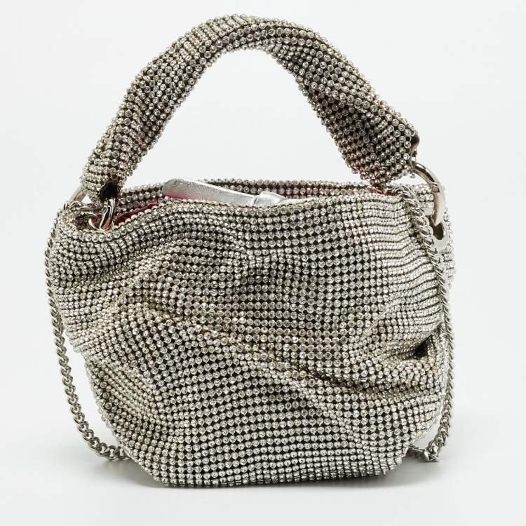 Pre Owned Jimmy Choo Silver Crystal Mesh and Satin Bonny Chain Clutch