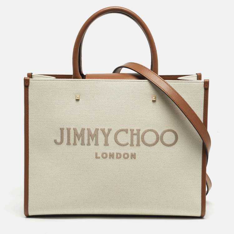 مملوكة مسبقًا Jimmy Choo Avenue Medium Brown/Off White Canvas and Leather Tote