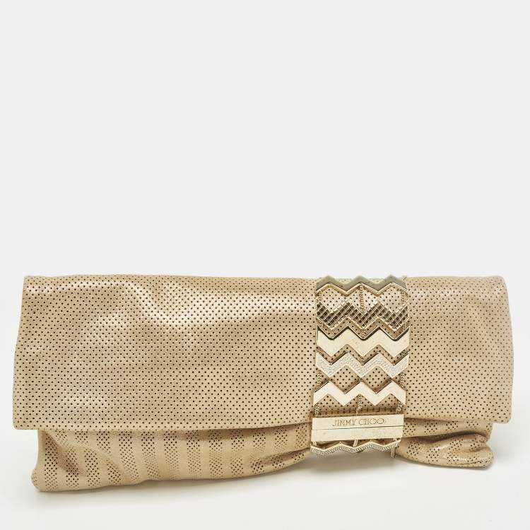 Pre Owned Jimmy Choo Chandra Gold Shimmer Perforated Leather Clutch