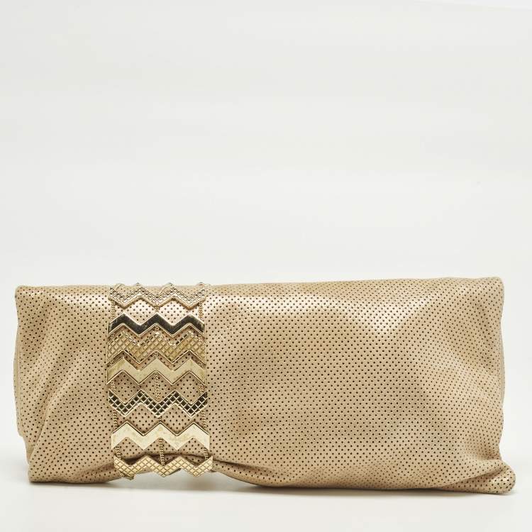 Pre Owned Jimmy Choo Chandra Gold Shimmer Perforated Leather Clutch