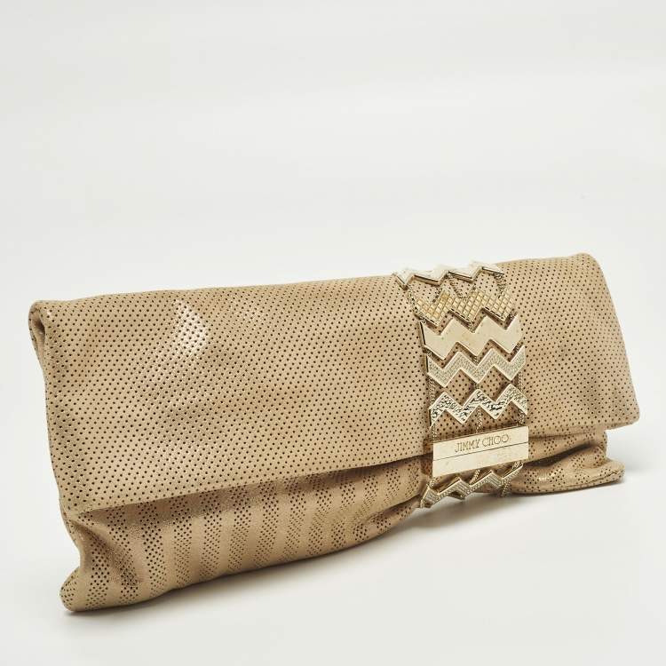 Pre Owned Jimmy Choo Chandra Gold Shimmer Perforated Leather Clutch