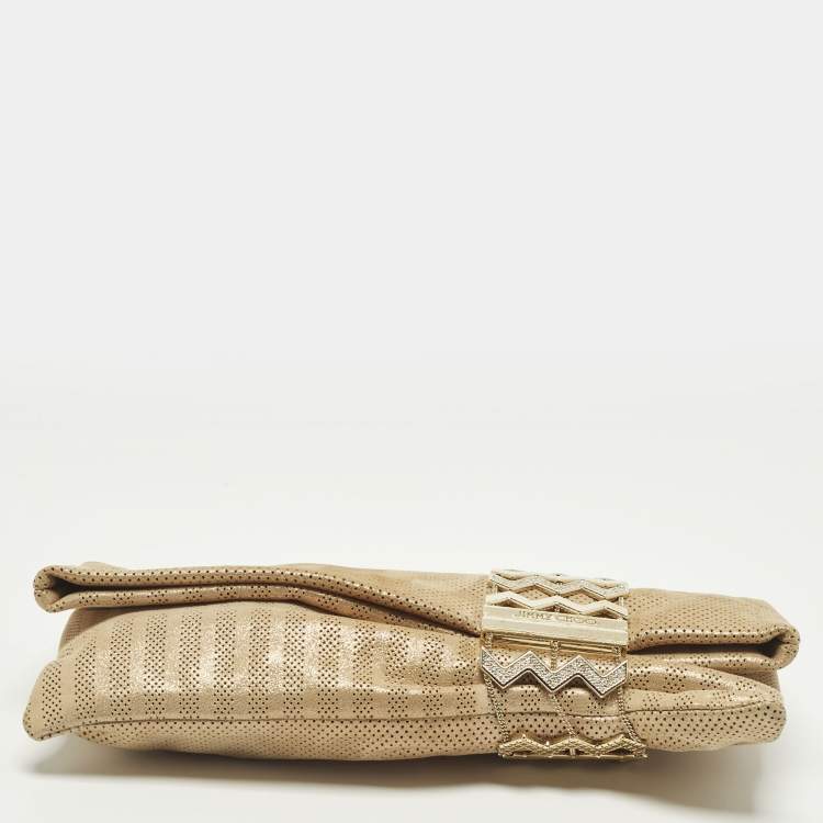 Pre Owned Jimmy Choo Chandra Gold Shimmer Perforated Leather Clutch