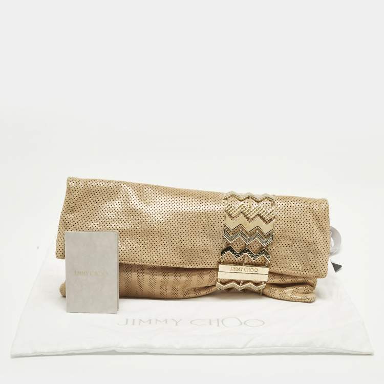 Pre Owned Jimmy Choo Chandra Gold Shimmer Perforated Leather Clutch