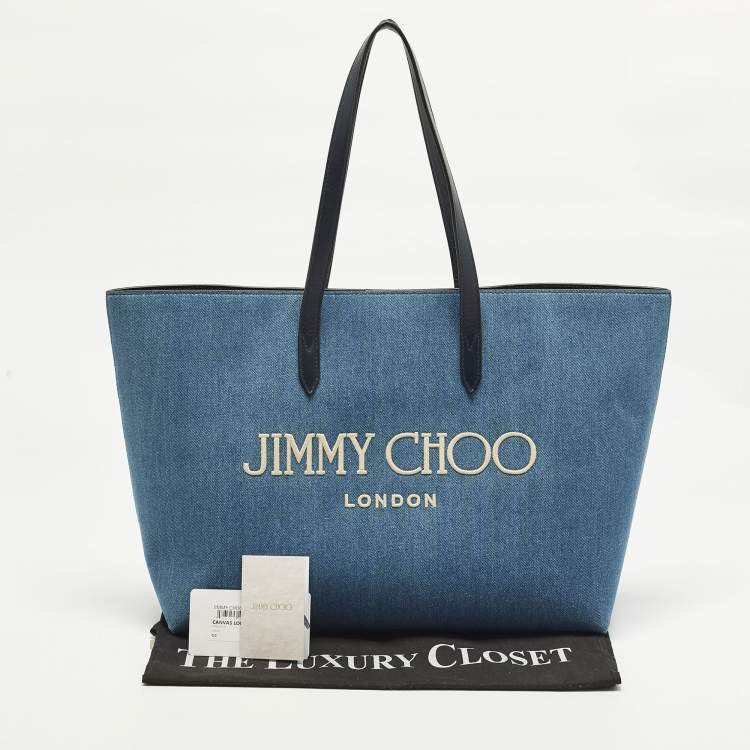 Pre Owned Jimmy Choo Logo Blue Denim and Leather Shopper Tote