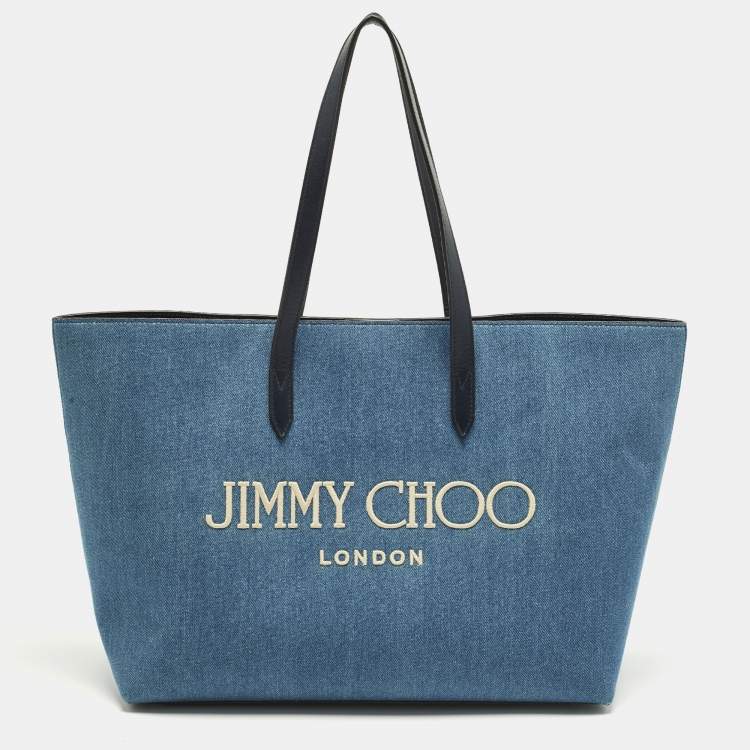 Pre Owned Jimmy Choo Logo Blue Denim and Leather Shopper Tote