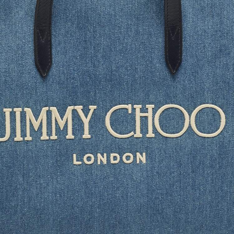 Pre Owned Jimmy Choo Logo Blue Denim and Leather Shopper Tote