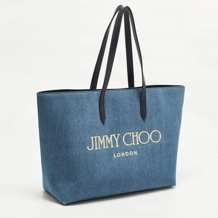 Pre Owned Jimmy Choo Logo Blue Denim and Leather Shopper Tote