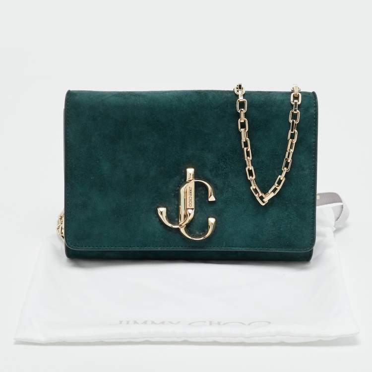 Pre Owned Jimmy Choo Bohemia Dark Green Suede Chain Clutch