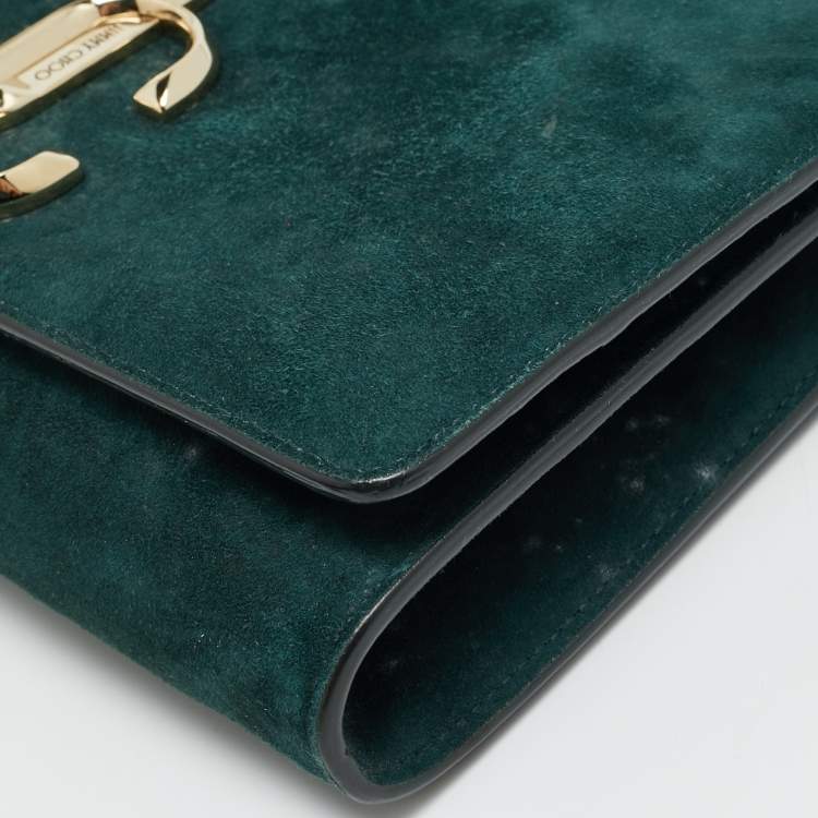 Pre Owned Jimmy Choo Bohemia Dark Green Suede Chain Clutch