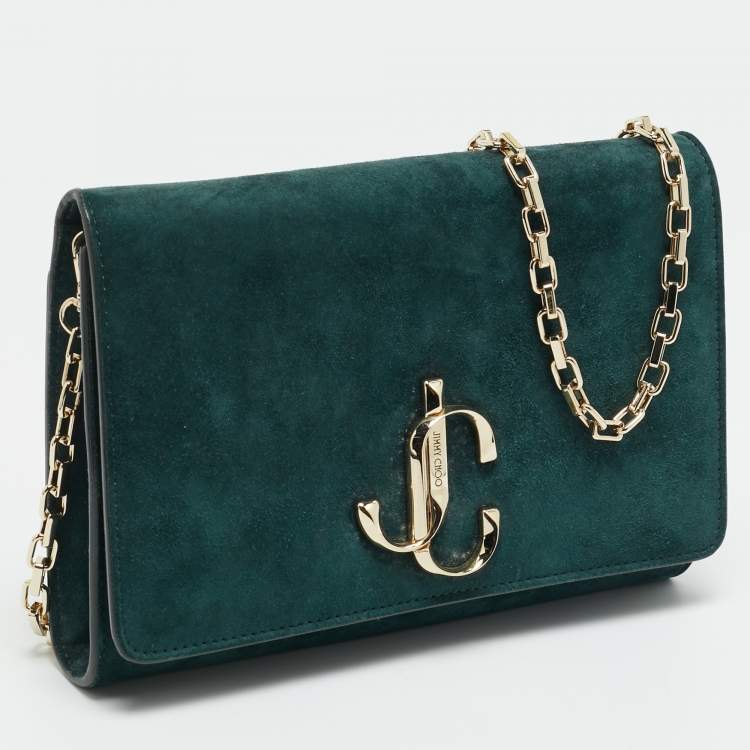Pre Owned Jimmy Choo Bohemia Dark Green Suede Chain Clutch