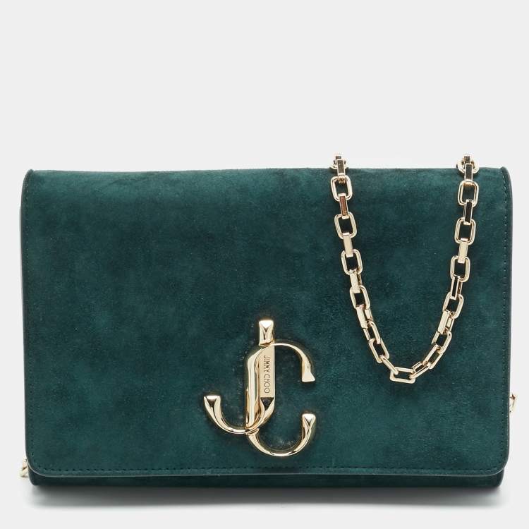 Pre Owned Jimmy Choo Bohemia Dark Green Suede Chain Clutch