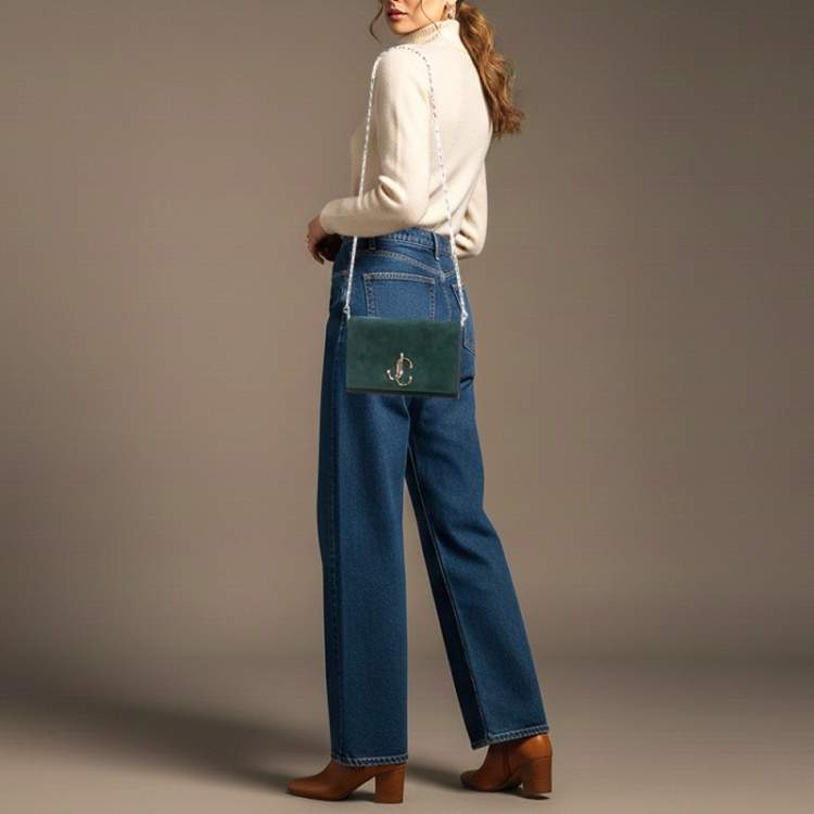 Pre Owned Jimmy Choo Bohemia Dark Green Suede Chain Clutch