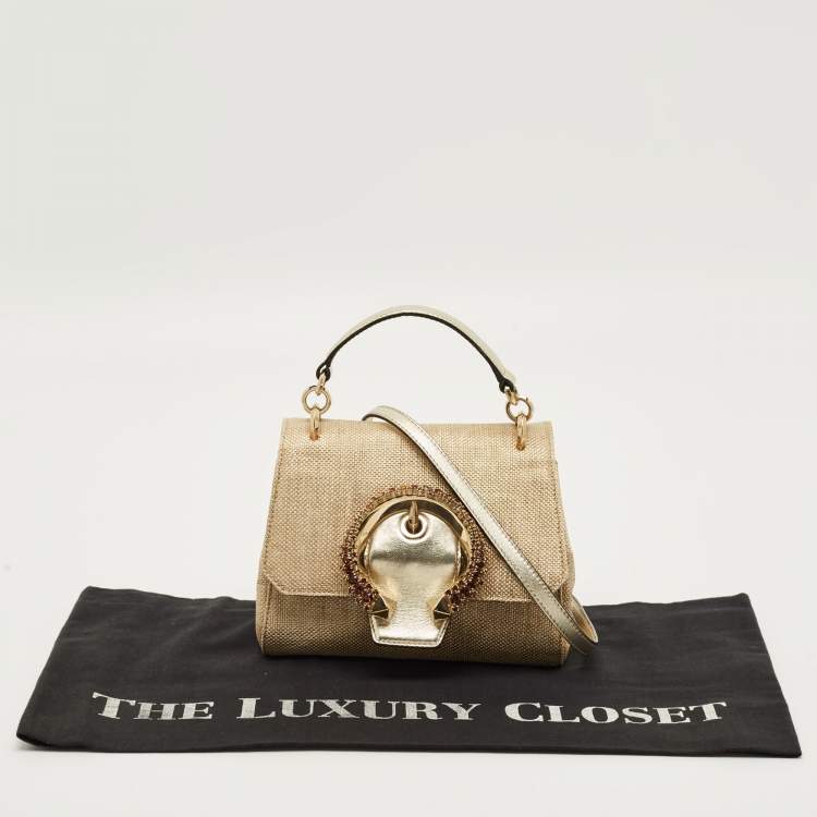 Pre Owned Jimmy Choo Crystal Madeline Gold Woven Raffia Top Handle Bag