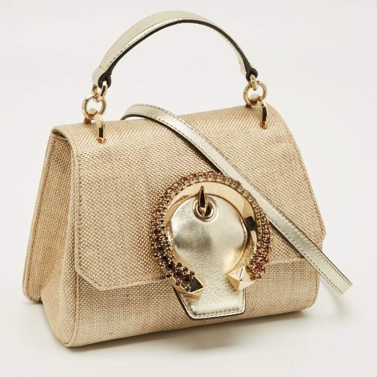 Pre Owned Jimmy Choo Crystal Madeline Gold Woven Raffia Top Handle Bag