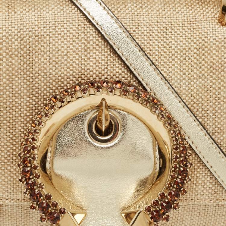 Pre Owned Jimmy Choo Crystal Madeline Gold Woven Raffia Top Handle Bag