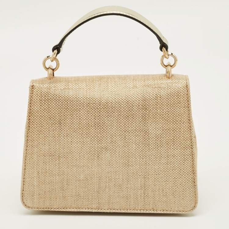 Pre Owned Jimmy Choo Crystal Madeline Gold Woven Raffia Top Handle Bag