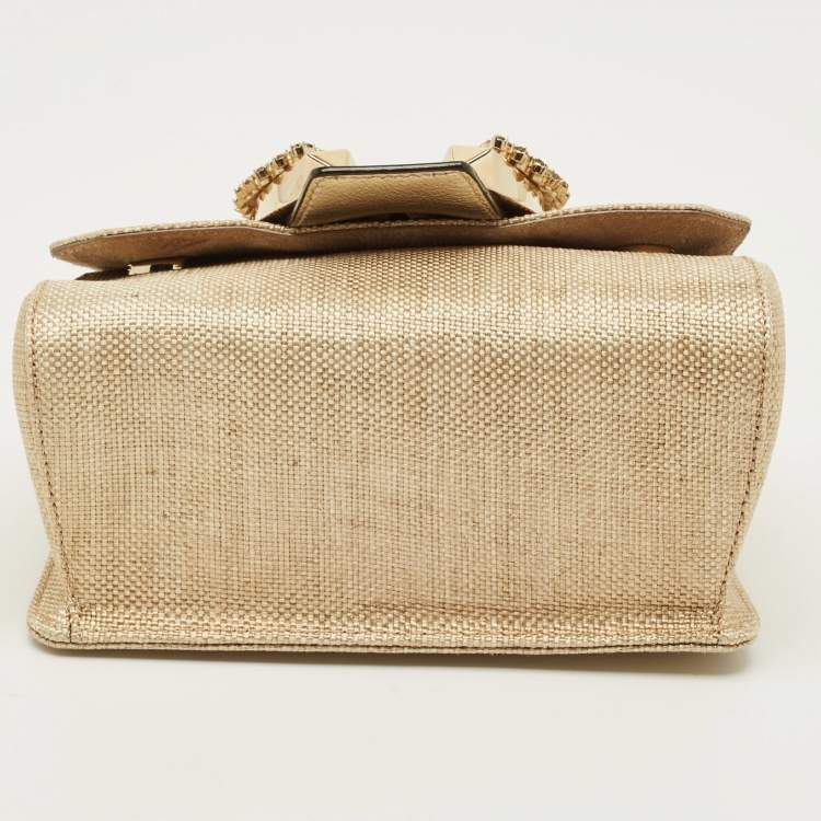 Pre Owned Jimmy Choo Crystal Madeline Gold Woven Raffia Top Handle Bag
