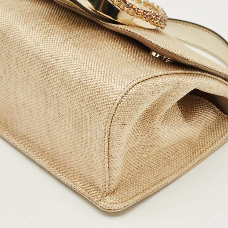 Pre Owned Jimmy Choo Crystal Madeline Gold Woven Raffia Top Handle Bag