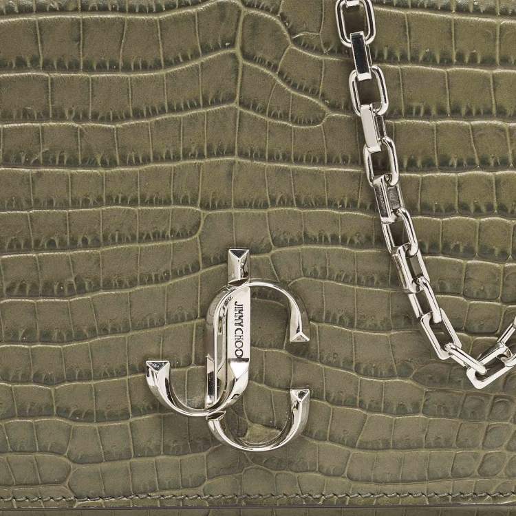 Pre Owned كلتش جيمي تشو فارين جلد مزخرف بلون أخضر زيتوني مع سلسلة