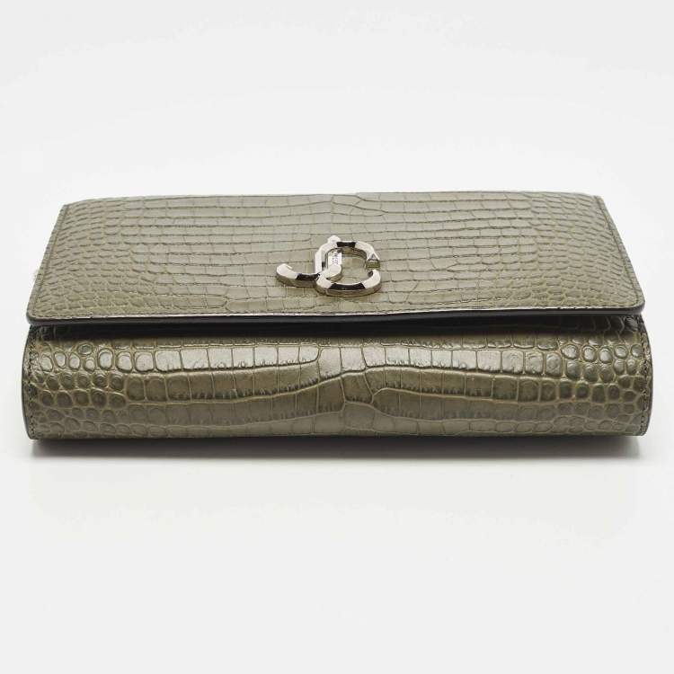 Pre Owned كلتش جيمي تشو فارين جلد مزخرف بلون أخضر زيتوني مع سلسلة