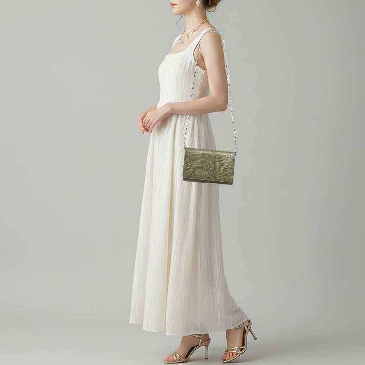 Pre Owned كلتش جيمي تشو فارين جلد مزخرف بلون أخضر زيتوني مع سلسلة