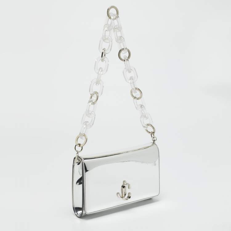 Pre Owned Jimmy Choo Varenne Silver Mirror Leather Acrylic Chain Clutch