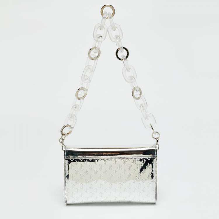 Pre Owned Jimmy Choo Varenne Silver Mirror Leather Acrylic Chain Clutch