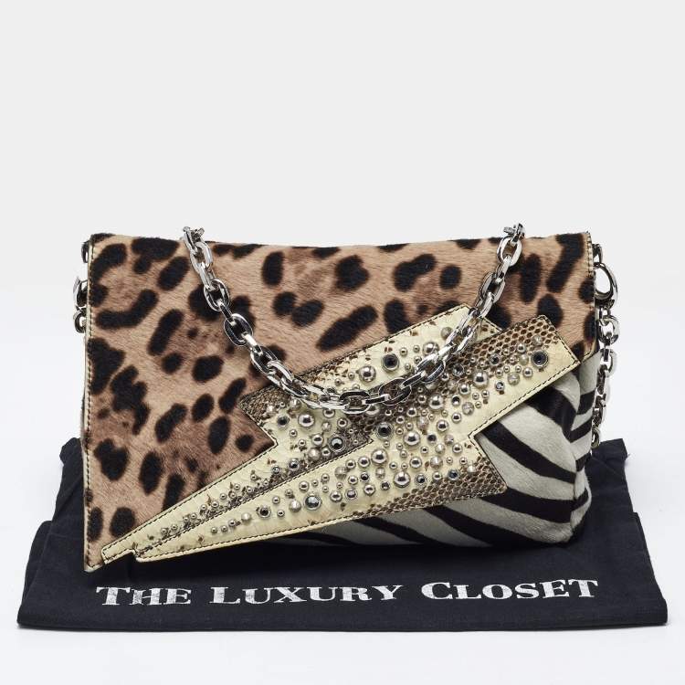 Pre Owned Jimmy Choo Animal Print Calf Hair and Python Embellished Shoulder Bag