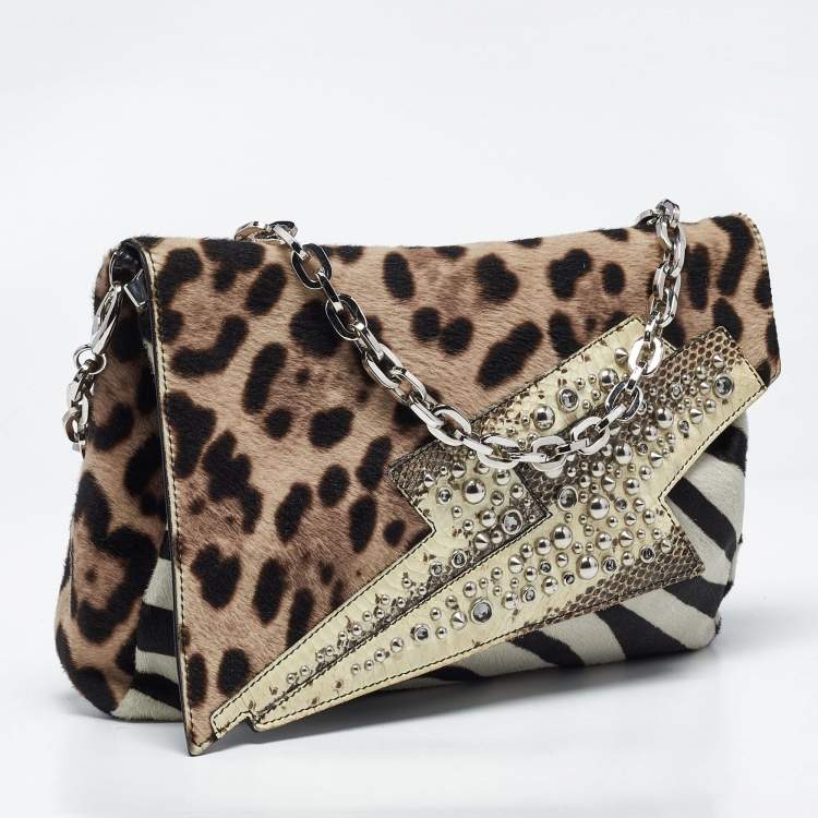 Pre Owned Jimmy Choo Animal Print Calf Hair and Python Embellished Shoulder Bag