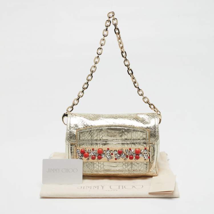 Pre Owned Jimmy Choo Crystal Embellished Gold Python Chain Flap Clutch