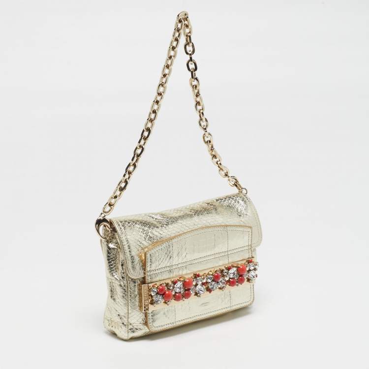 Pre Owned Jimmy Choo Crystal Embellished Gold Python Chain Flap Clutch