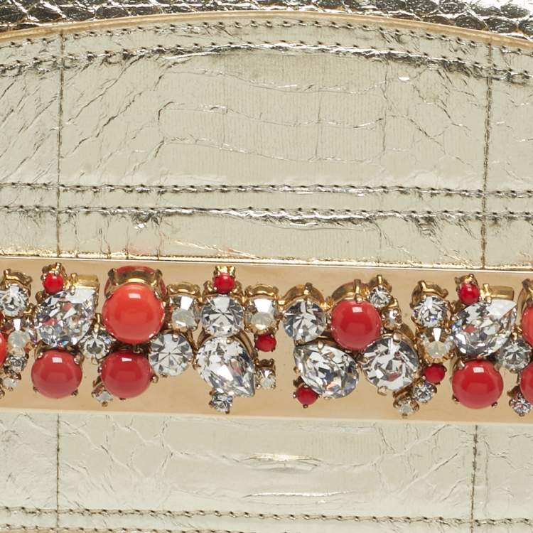 Pre Owned Jimmy Choo Crystal Embellished Gold Python Chain Flap Clutch