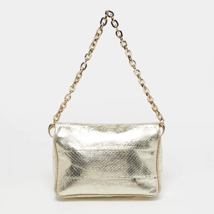 Pre Owned Jimmy Choo Crystal Embellished Gold Python Chain Flap Clutch