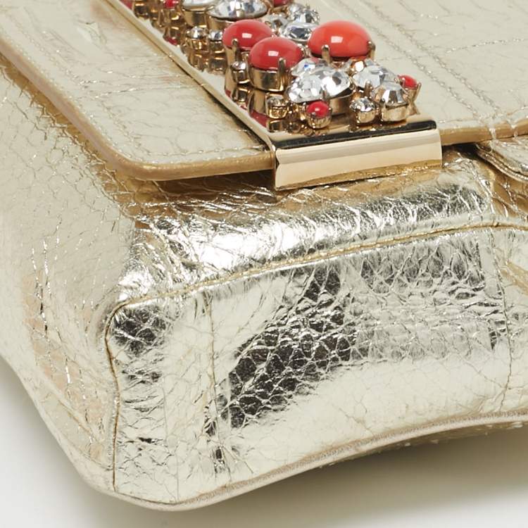 Pre Owned Jimmy Choo Crystal Embellished Gold Python Chain Flap Clutch