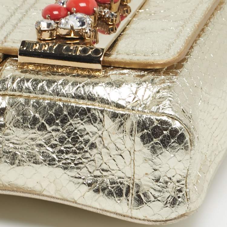 Pre Owned Jimmy Choo Crystal Embellished Gold Python Chain Flap Clutch