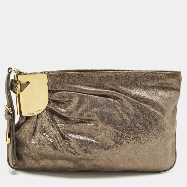 Pre Owned Jimmy Choo Pleated Metallic Textured Suede Wristlet Pouch