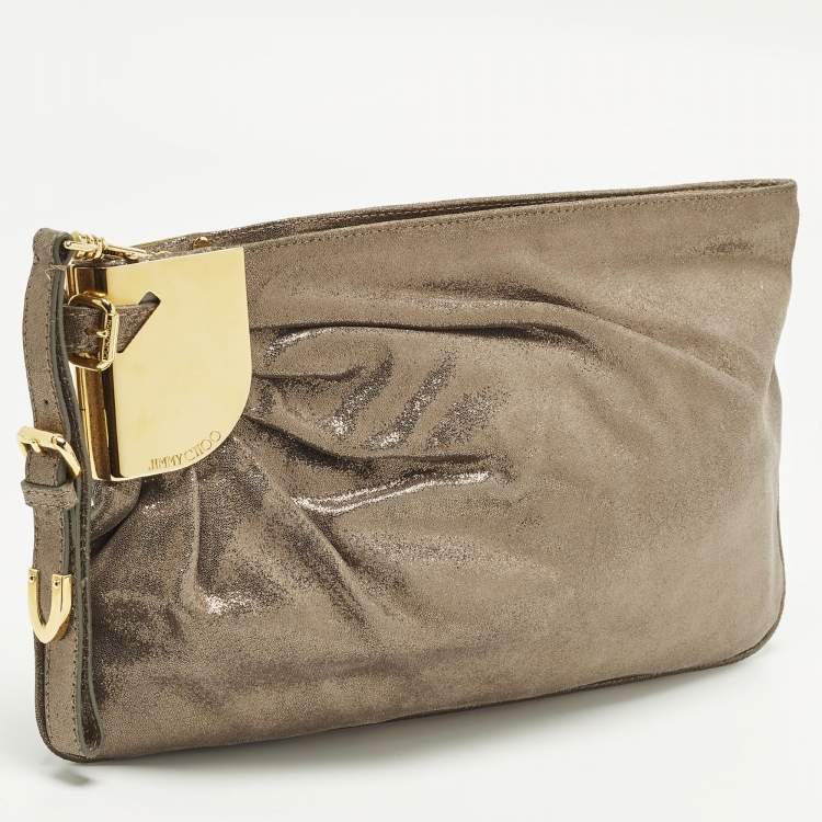 Pre Owned Jimmy Choo Pleated Metallic Textured Suede Wristlet Pouch