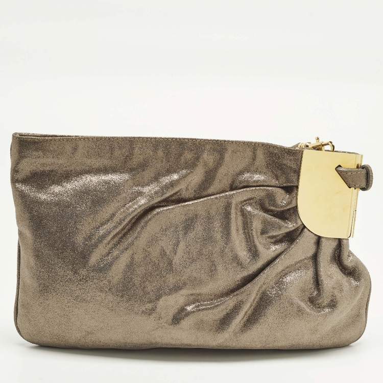 Pre Owned Jimmy Choo Pleated Metallic Textured Suede Wristlet Pouch