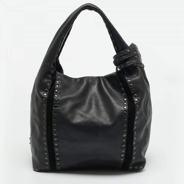 Pre Owned Jimmy Choo Saba Studded Black Leather Hobo