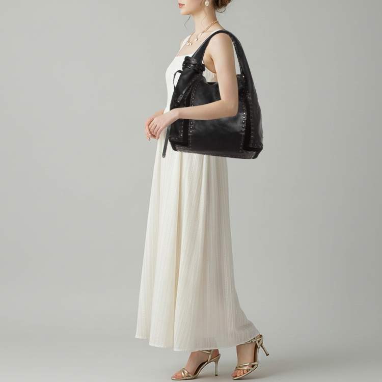 Pre Owned Jimmy Choo Saba Studded Black Leather Hobo